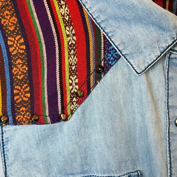 Denim Long Sleeve Studded Top with Print - Picture 2 of 5